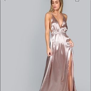 Cross back high split satin maxi slip dress